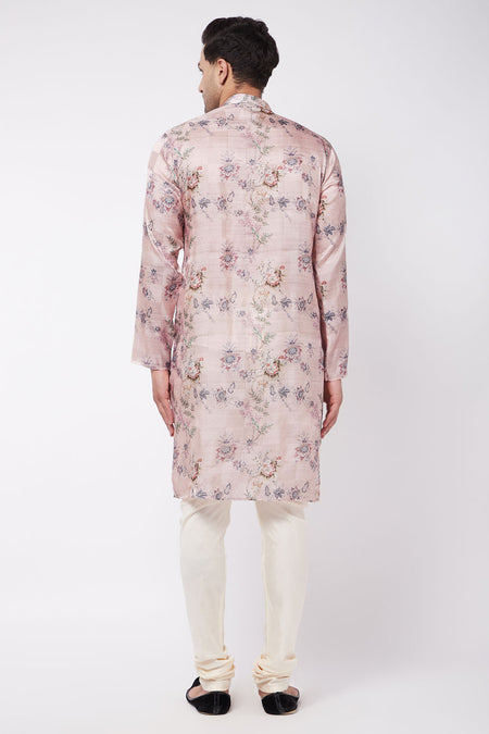 VASTRAMAY Pink Floral printed Silk Blend Kurta Pyjama baap Beta Set